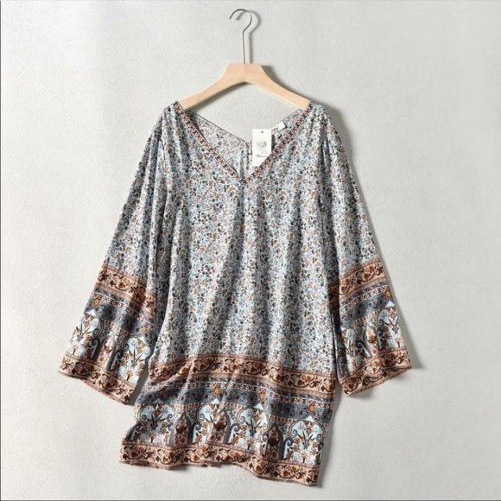 Bohemian Tribal Floral Print Dress Wide Sleeve - Picture 5 of 7